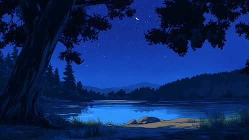 Moonlit lakeside landscape rendered in cool nocturnal hues