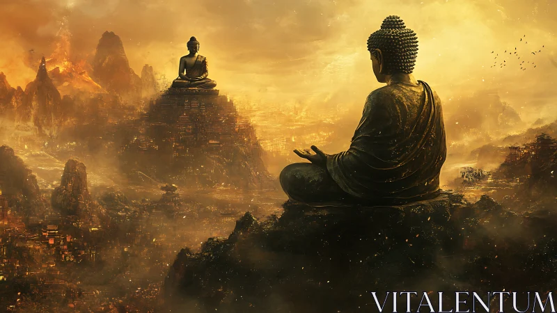 Colossal Buddha statues meditate over burning golden city