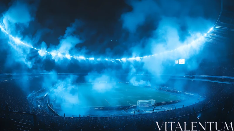 Blue mist over a roaring football stadium under bright lights.