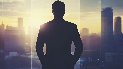 Executive Overlooking Urban Skyline at Sunrise