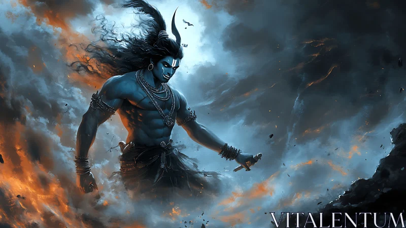 Mythic blue warrior in stormlit inferno with dynamic lighting