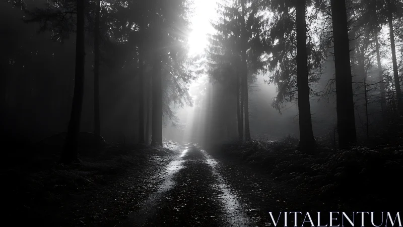 Ethereal Forest Path Glows Through Morning Mist