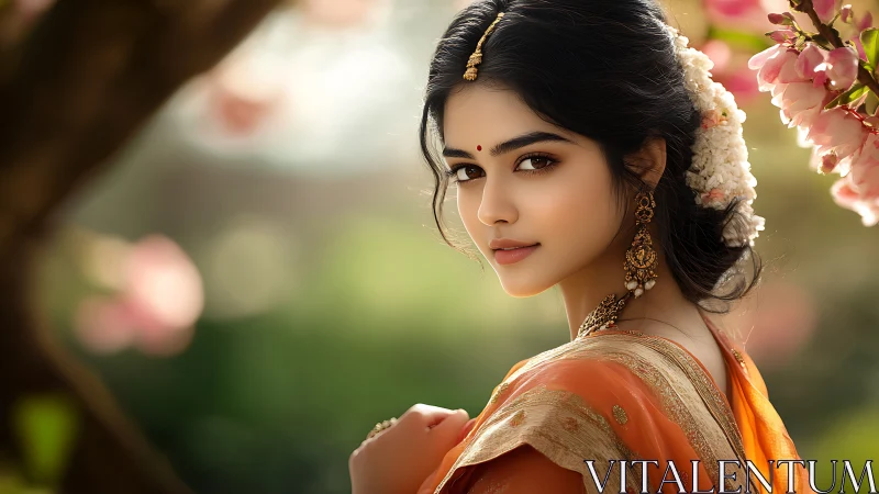 Elegant Indian woman in orange saree amidst spring blossoms, portrait.