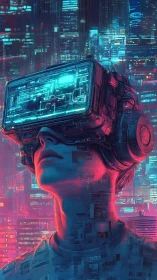 Neon VR avatar immersed in cyberpunk holographic cityscape.