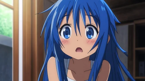 Blue haired anime girl indoors with surprised expression.