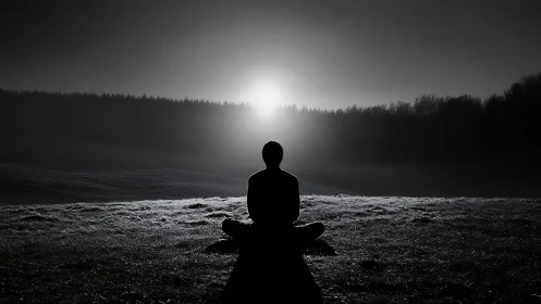 Person sitting alone at sunrise on frosty open field.