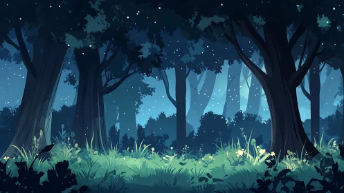 Enchanted Forest at Night with Bioluminescent Elements