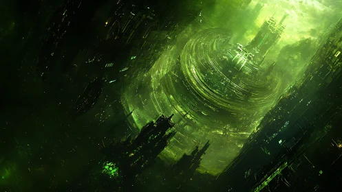 Cyberpunk ringed megastructure in irradiated vertical cityscape.