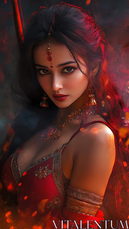 Fiery red-clad enchantress framed by embers and shadowed light.