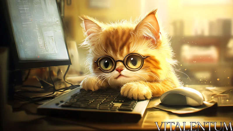 Fluffy Orange Cat Wearing Glasses at Computer Desk