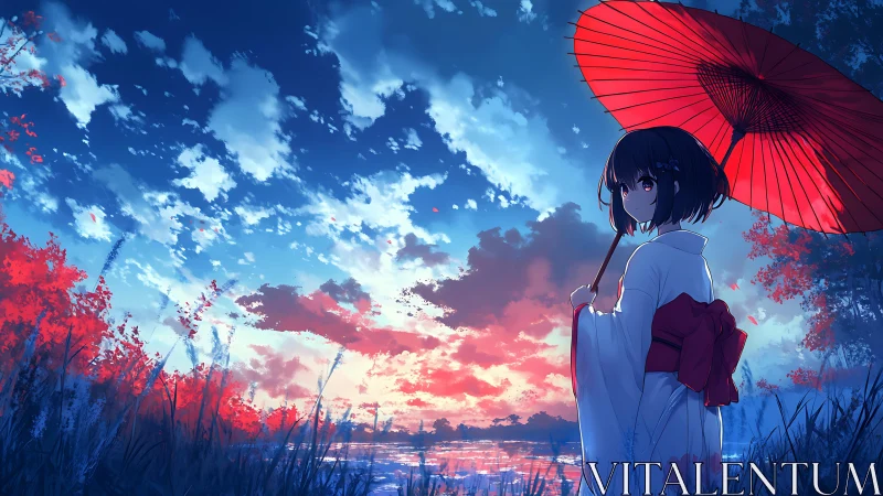 Girl in kimono with umbrella at vivid lakeside sunset.