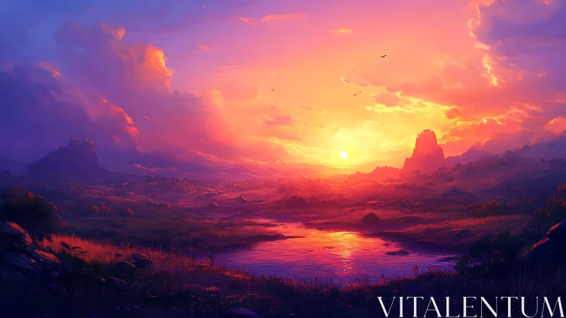 Vibrant digital sunset over distant hills and lakescape.