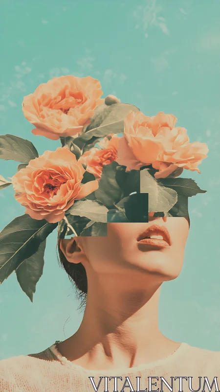 Surreal floral portrait with geometric pixel splice overlay.