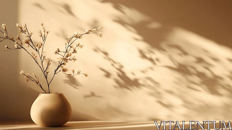 Minimalist dried flowers in beige vase with soft sunlight shadows.