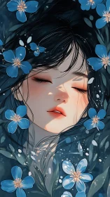 Dreamlike girl portrait framed by luminous blue blossoms.