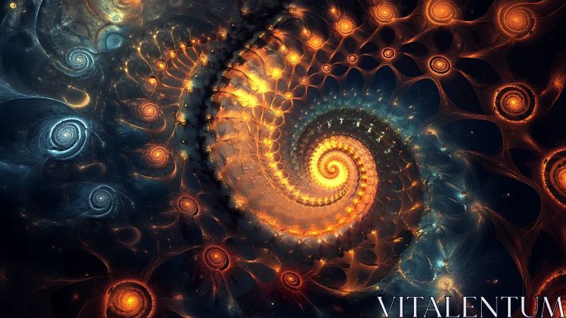 Fractal spiral galaxy of glowing orange and blue orbs.