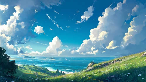 Sunlit coastal meadow opens to a vast, cloud-filled sky