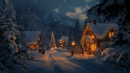 Snow-laden alpine village lane with warm cabin illumination at dusk