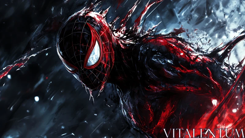 Dynamic masked hero engulfed in red and black energy storm.