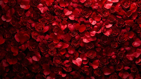 Dense arrangement of red roses and petals photographed overhead.
