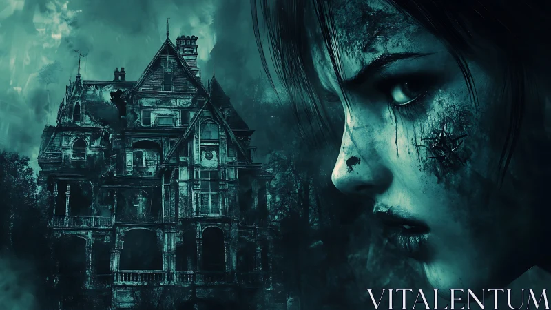 Cursed manor broods beside vengeful spirit’s haunted gaze.