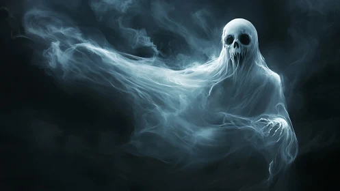 Ethereal ghostly wraith drifts through swirling dark mist.