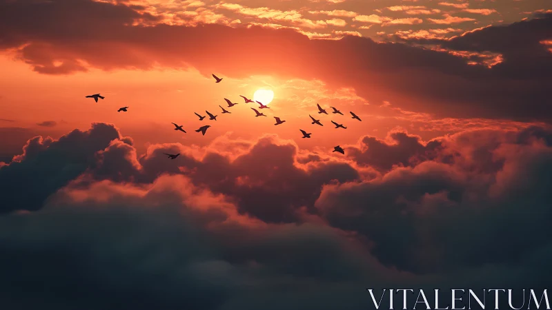 Migrating silhouettes carve molten sky at burning sunset.