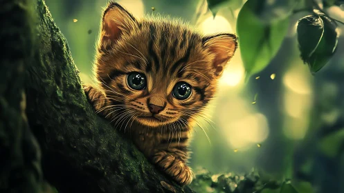 Curious kitten perched among luminous forest foliage.