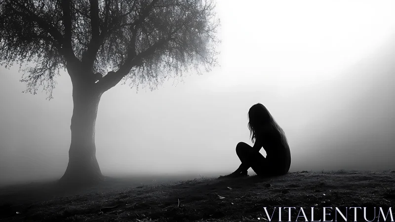 Solitary silhouette leans into fog while the old tree listens