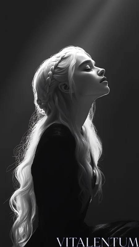 Monochrome side portrait of silver haired woman in haloed light.