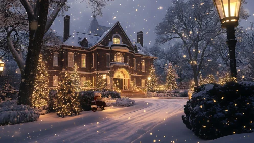 Victorian brick manor in snowy twilight with festive lighting