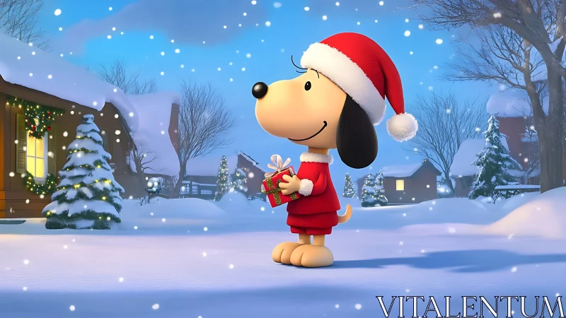 Cartoon beagle in Santa attire amid softly lit snowfall.