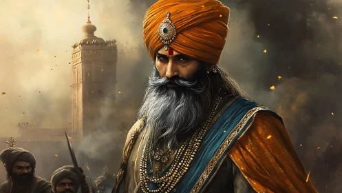 Sikh warrior leader stands before fortress in smoky battlefield
