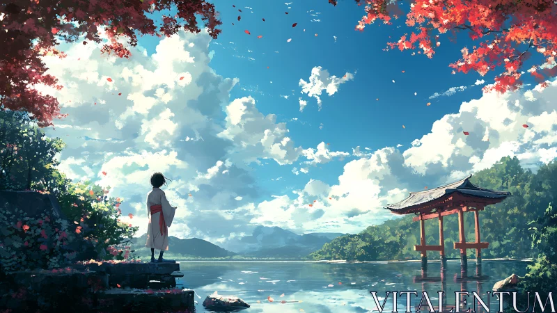 Solitary robed figure observes lakeside torii under vibrant sky