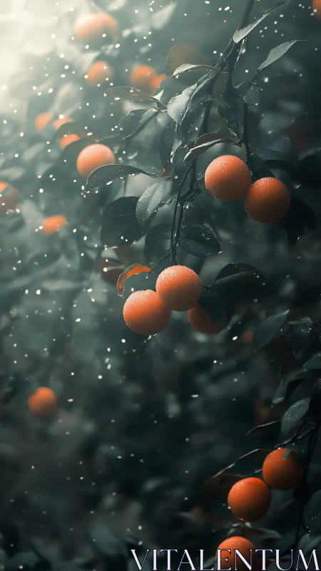 Moonlit citrus lanterns shimmer in a misty orchard hush.