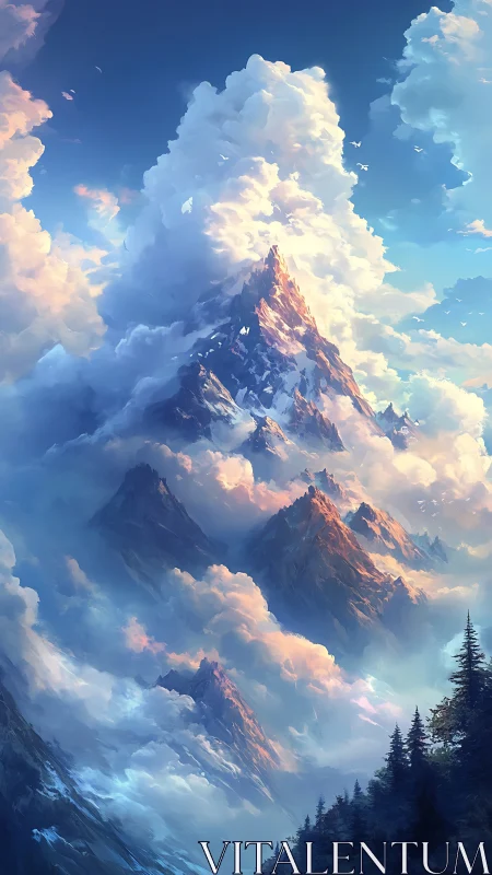Towering dreamlike mountains rise gently into glowing clouds