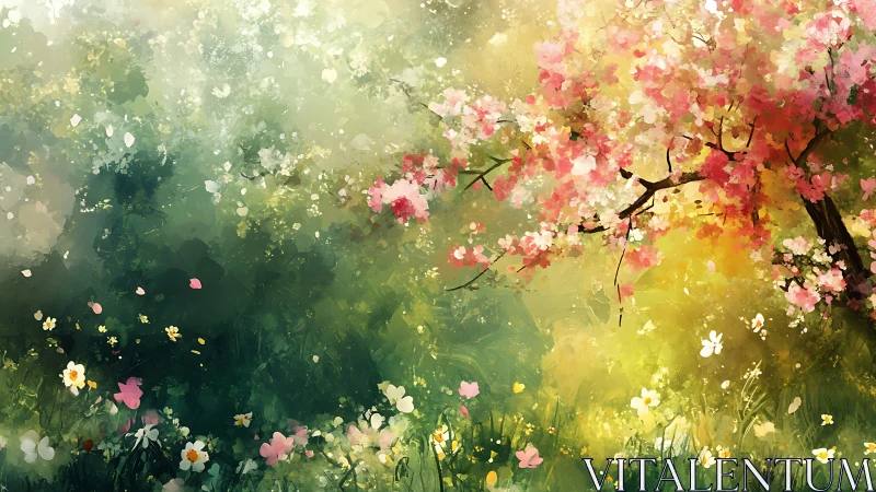 Spring blossoms spill across a sunlit meadow in bloom.