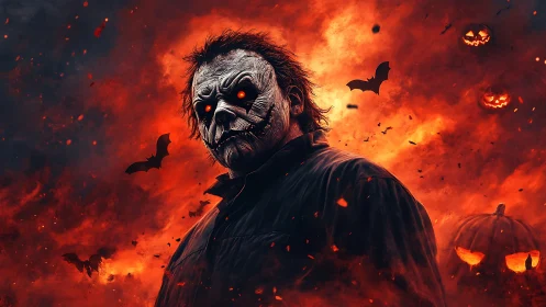 Masked ember-eyed fiend stalking a burning Halloween sky.