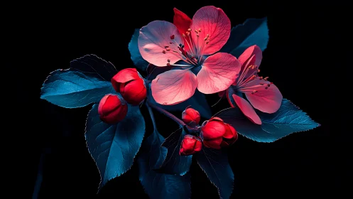 Luminescent Floral Study: Red Blossoms Against Midnight.
