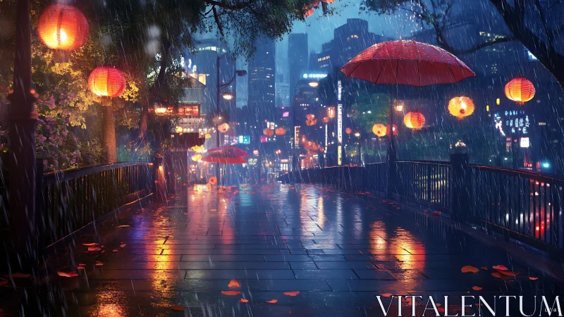 Rain-kissed city bridge glows under drifting red umbrellas