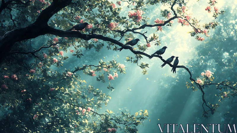 Birds occupy flowering tree branch under diffused sunlight