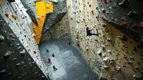 Indoor climbers scaling multicolored walls in vast gym.