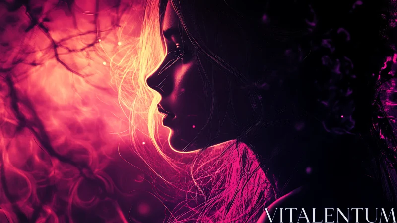 Side-lit female profile in magenta bokeh atmospheric glow