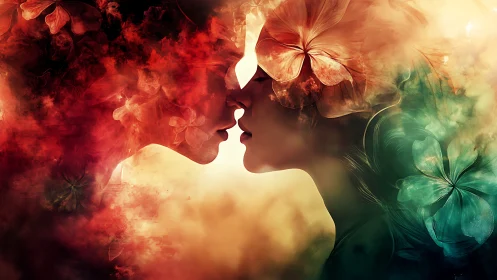 Two Profiles Merge Into Luminous Flower Smoke Abstract