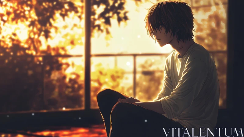 Autumn window hush with a lone, daydream-drenched boy.