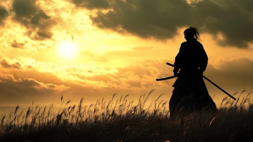 Samurai silhouette drinks the last light of a molten sunset