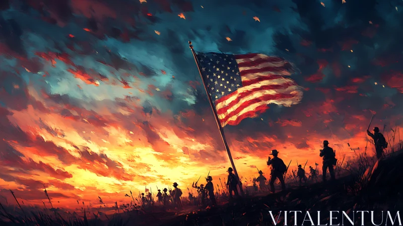 Stormfire sky crowns soldiers beneath a blazing US flag.