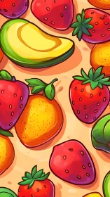 Vibrant digital pattern with strawberries, mango, avocado slices.