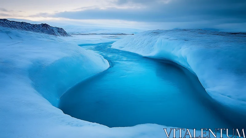 Glowing blue meltwater river winds gently through silent ice