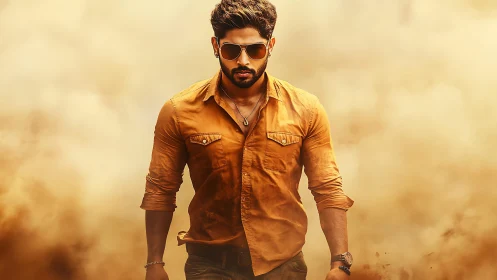 Man in mustard shirt walks forward through dense dust cloud